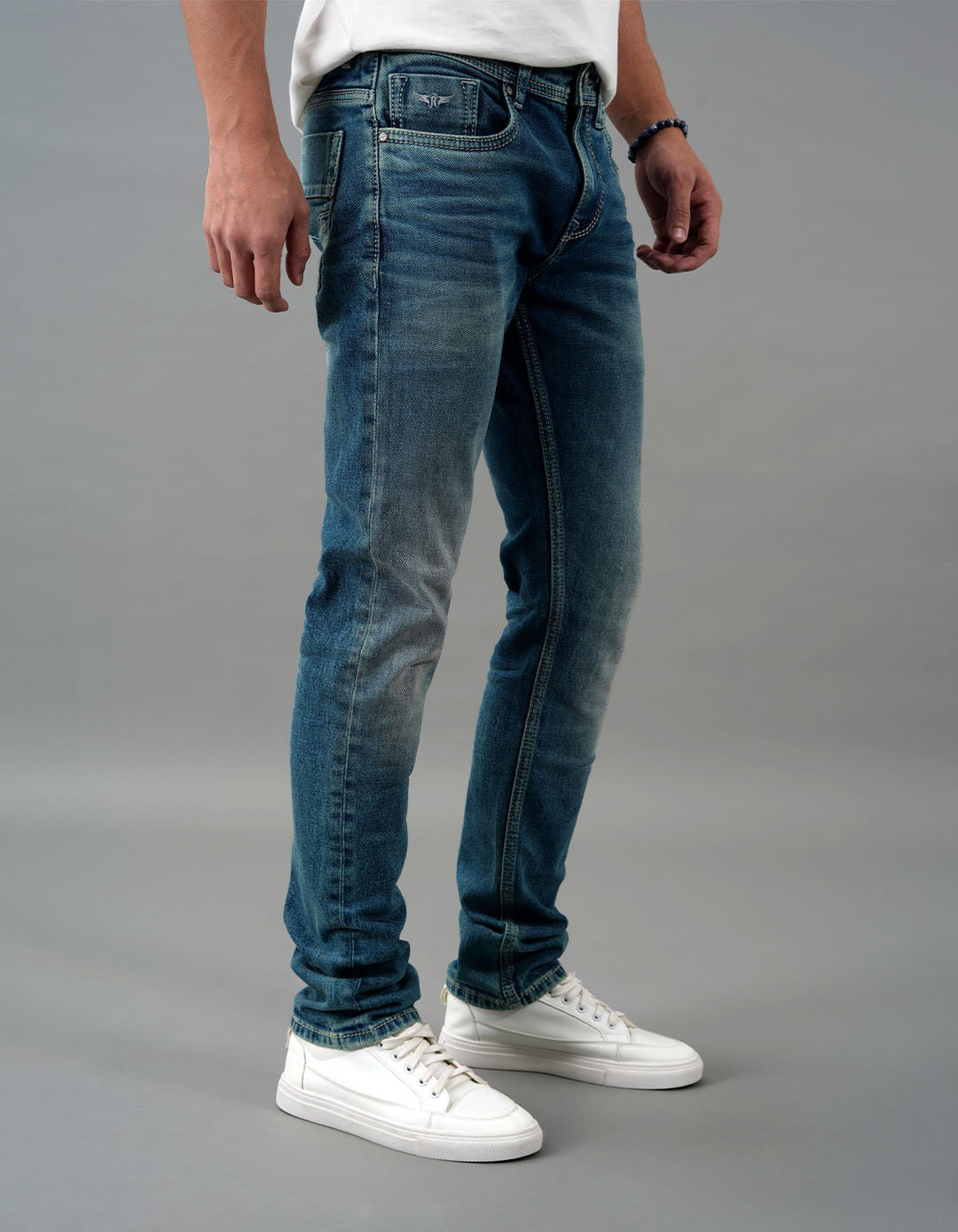 Med Blue 5 Pocket Mid-Rise Slim Straight Fit Jeans