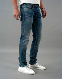 Med Blue 5 Pocket Mid-Rise Slim Straight Fit Jeans
