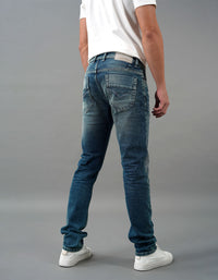 Med Blue 5 Pocket Mid-Rise Slim Straight Fit Jeans