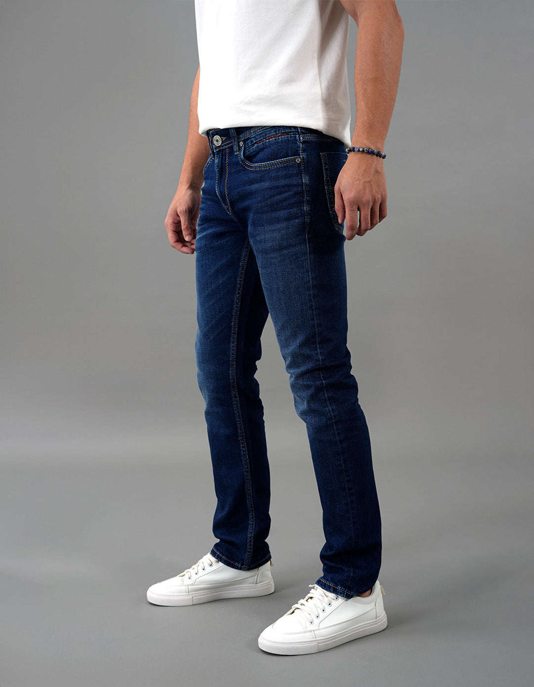 Dk Blue 5 Pocket Mid-Rise Slim Straight Fit Jeans