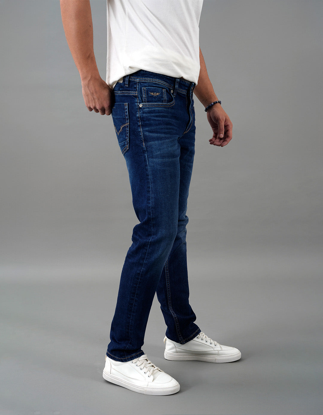 Dk Blue 5 Pocket Mid-Rise Slim Straight Fit Jeans