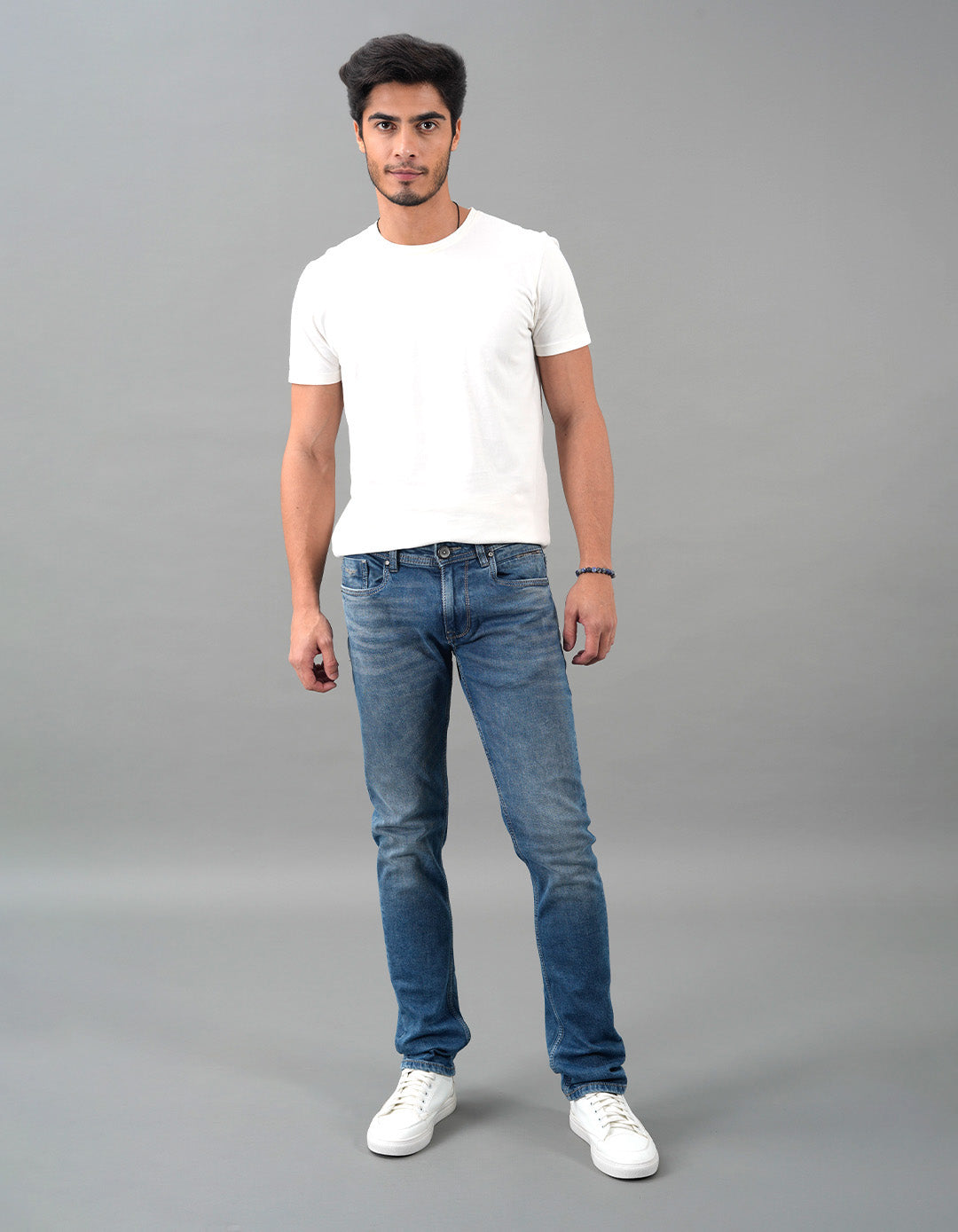 Med Blue 5 Pocket Mid-Rise Slim Straight Fit Jeans