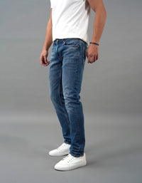Med Blue 5 Pocket Mid-Rise Slim Straight Fit Jeans
