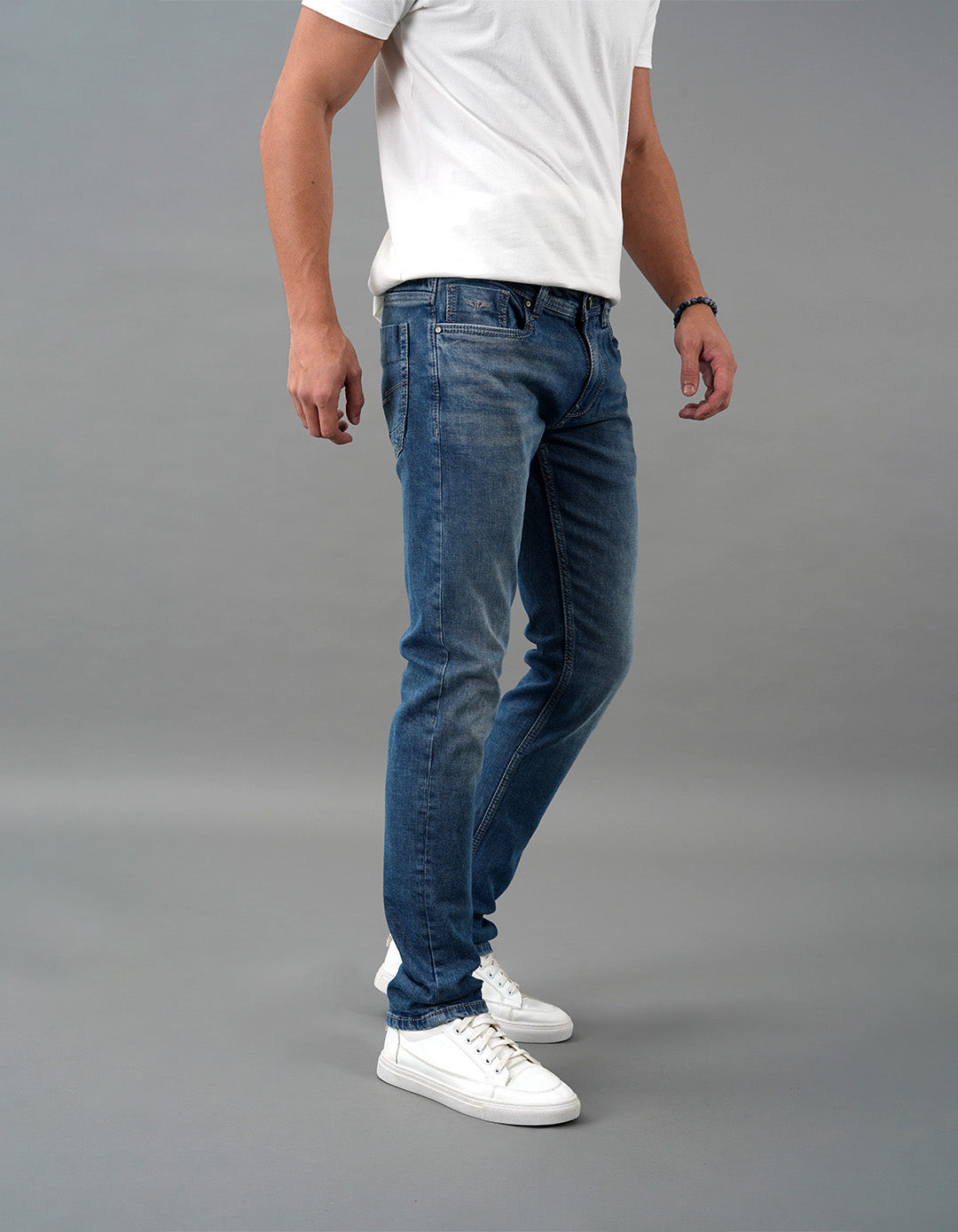 Med Blue 5 Pocket Mid-Rise Slim Straight Fit Jeans