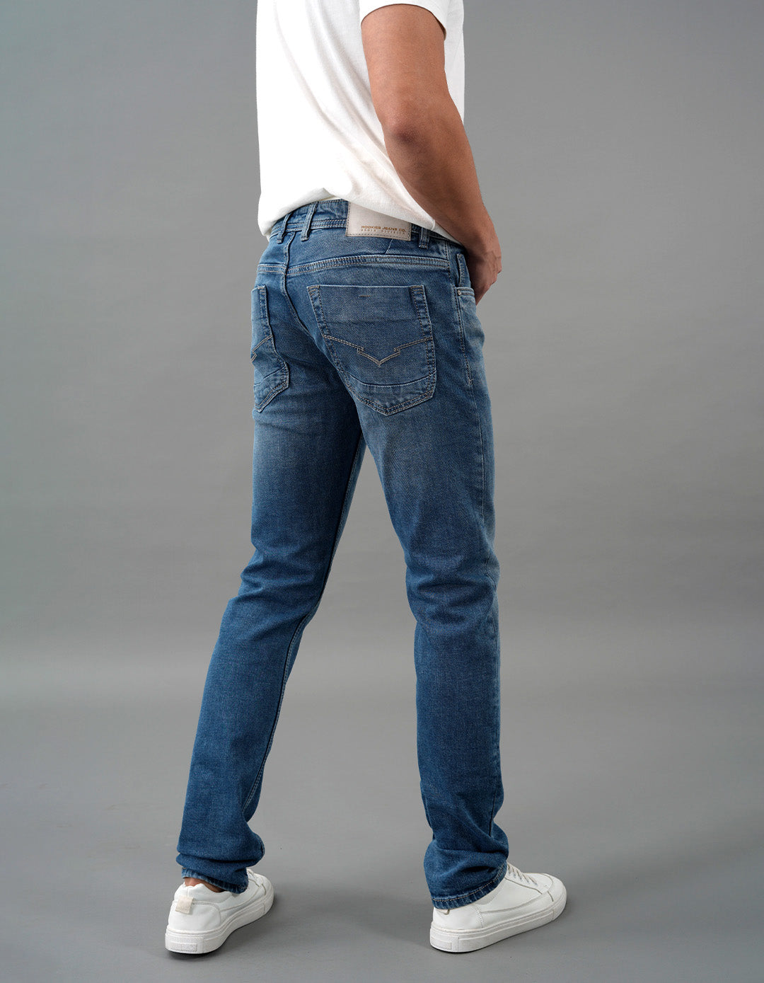 Med Blue 5 Pocket Mid-Rise Slim Straight Fit Jeans