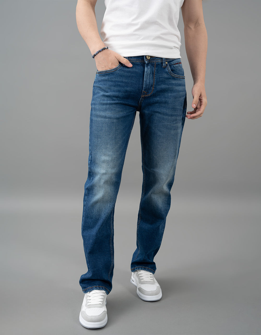 Med Blue 5 Pocket Midrise, Comfort And Straight Fit Jeans