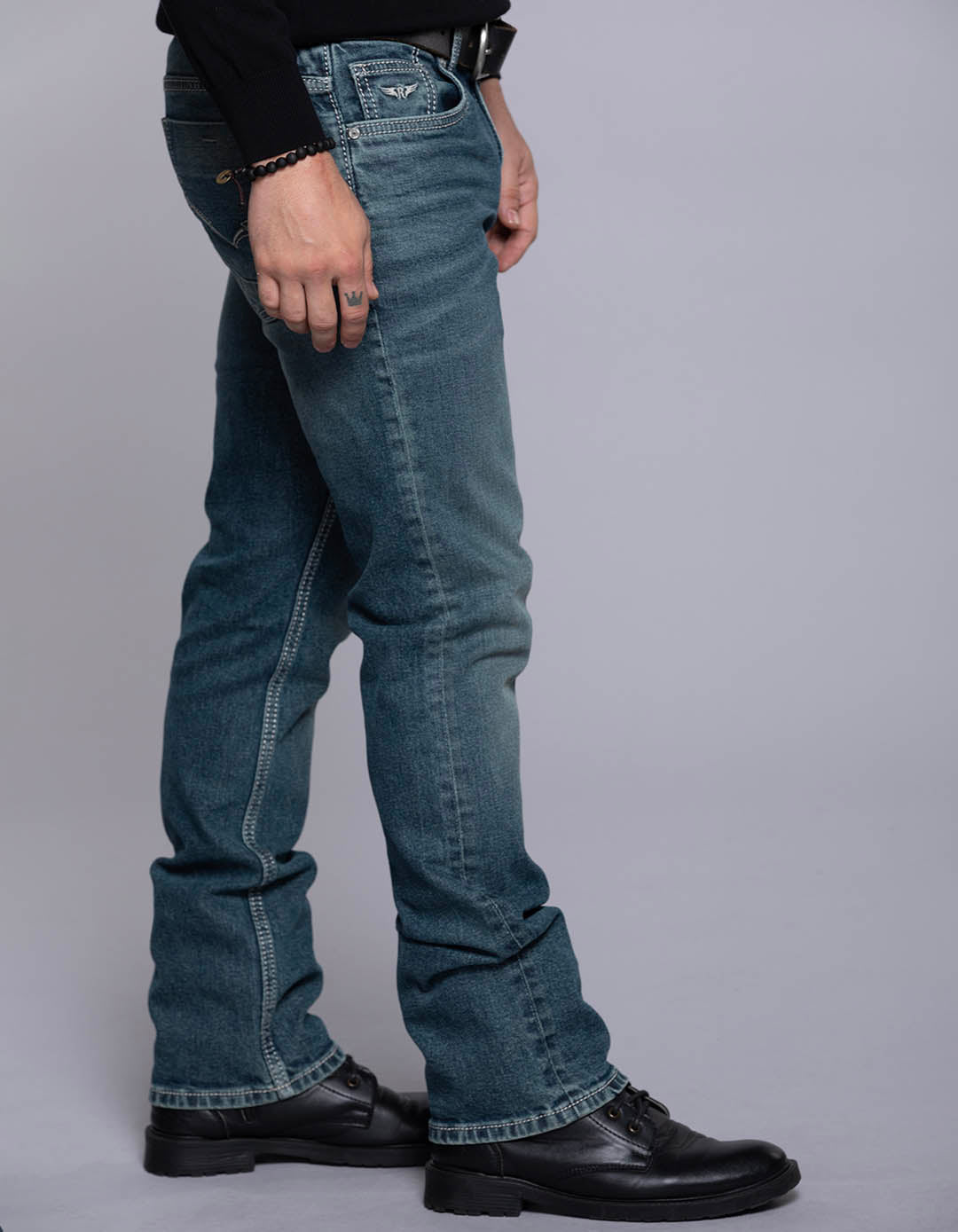 Med Blue 5 Pocket Mid Rise Loose Boot Leg Jeans