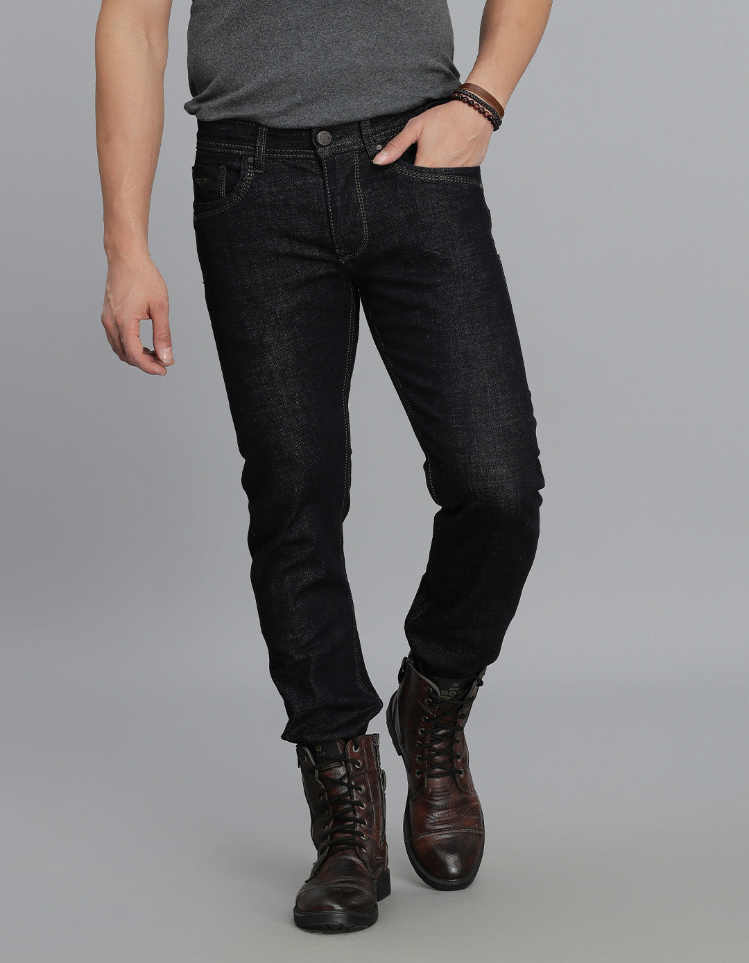 Dk Blue 5 Pocket Mid-Rise Slim Straight Fit Jeans