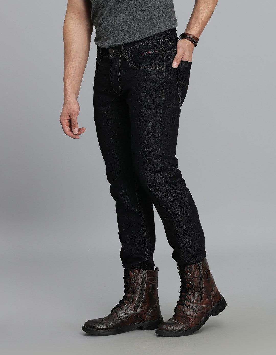 Dk Blue 5 Pocket Mid-Rise Slim Straight Fit Jeans