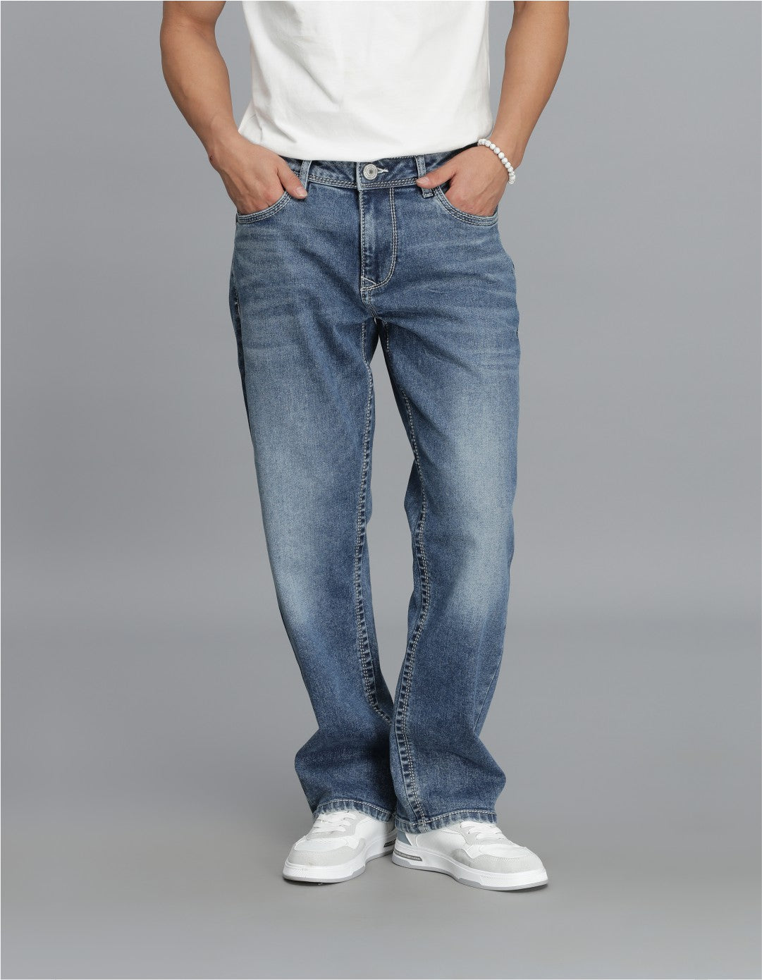 Med Blue 5 Pocket Midrise, Comfort Straight Fit Cropped Jeans