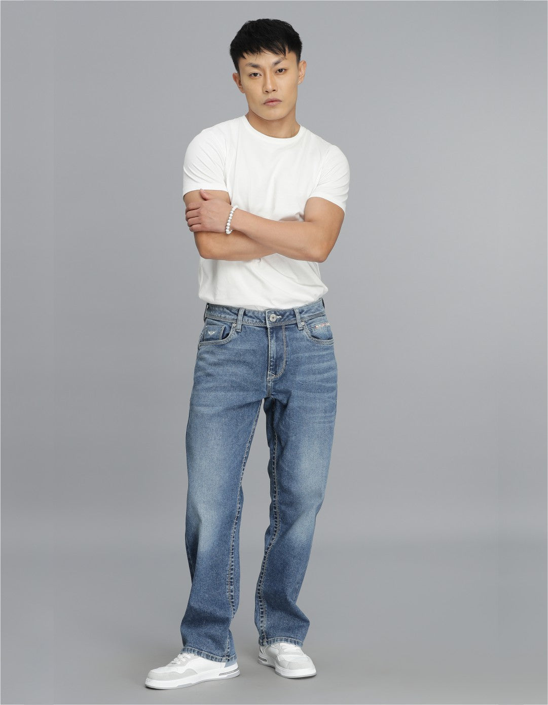 Med Blue 5 Pocket Midrise, Comfort Straight Fit Cropped Jeans