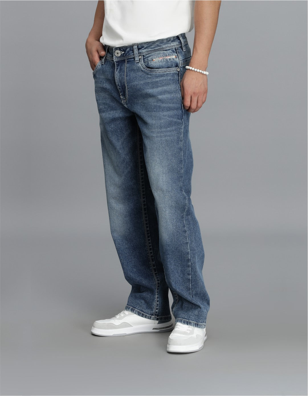 Med Blue 5 Pocket Midrise, Comfort Straight Fit Cropped Jeans