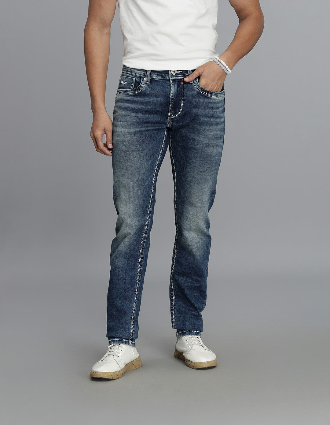 Med Blue 5 Pocket Mid-Rise Slim Straight Fit Jeans