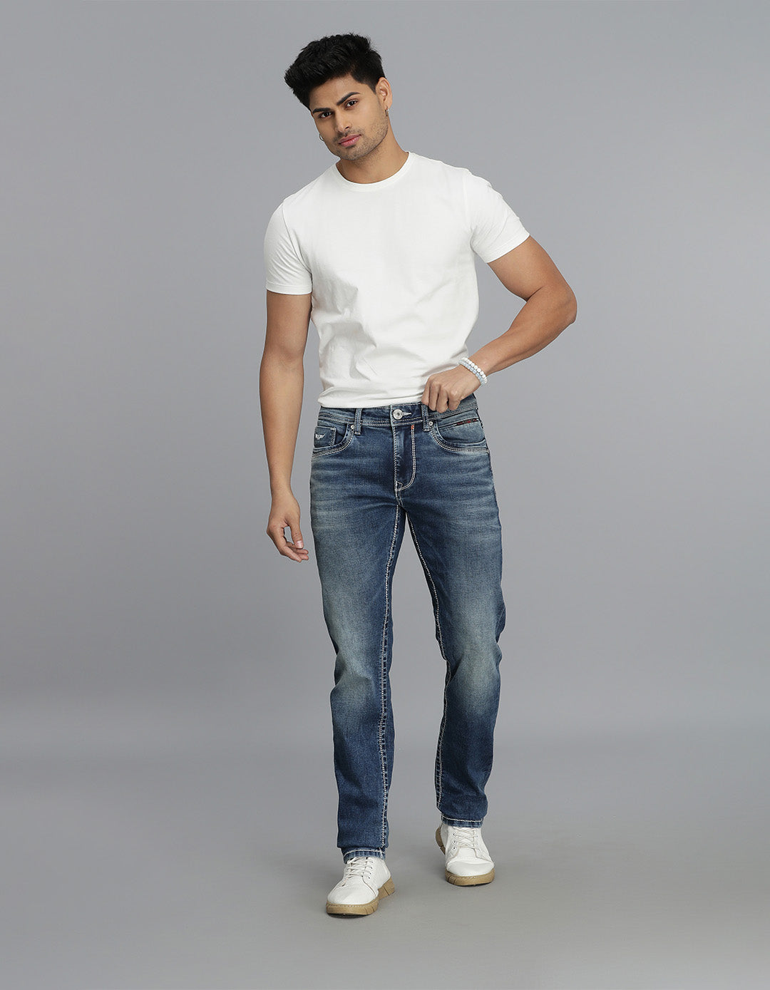 Med Blue 5 Pocket Mid-Rise Slim Straight Fit Jeans