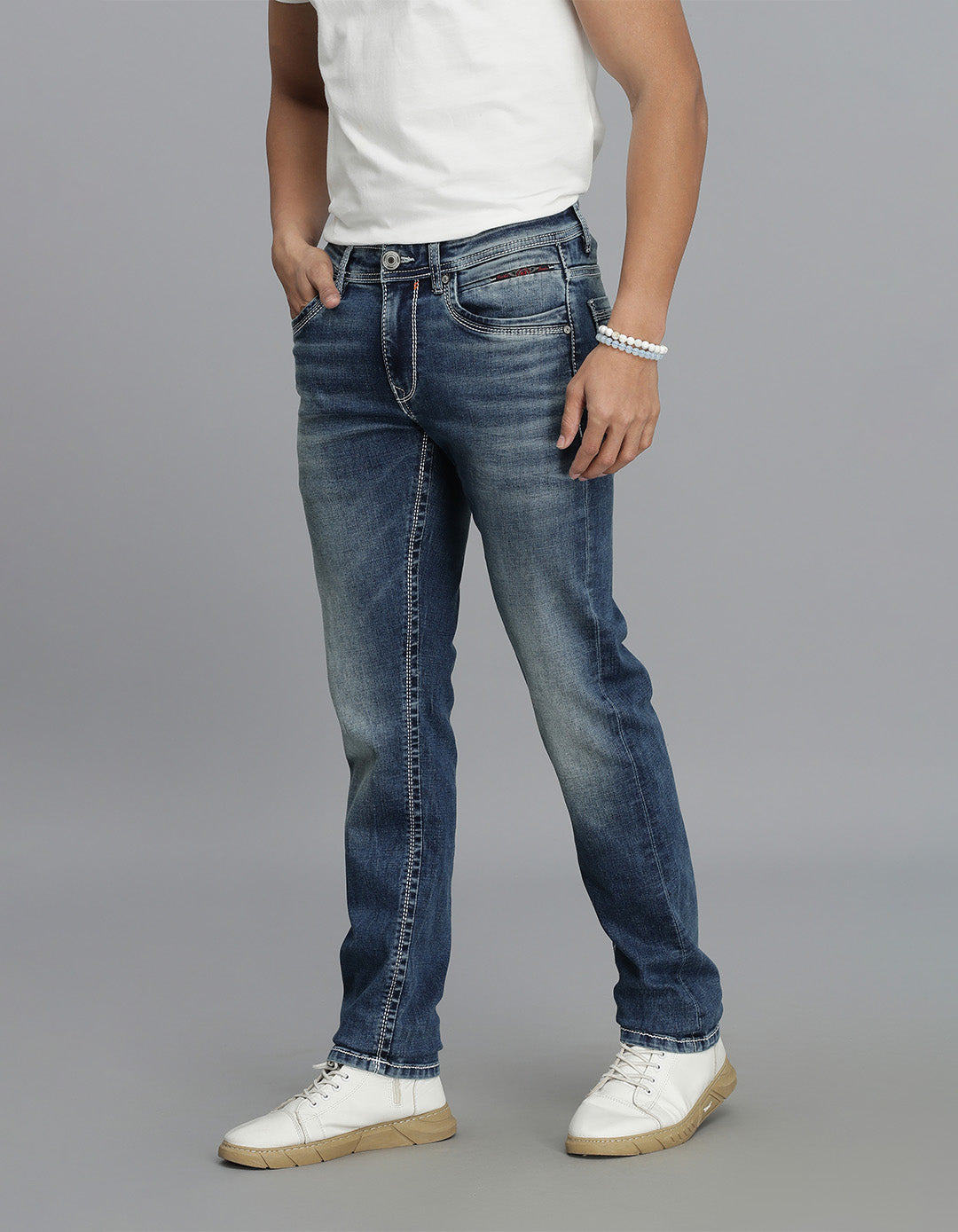 Med Blue 5 Pocket Mid-Rise Slim Straight Fit Jeans