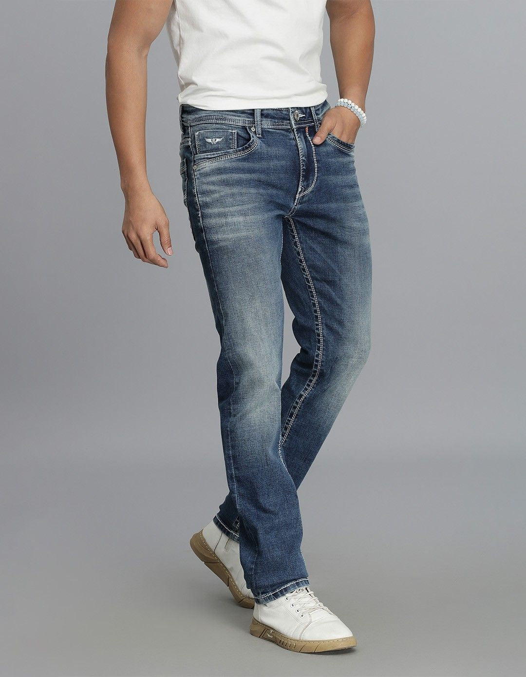 Med Blue 5 Pocket Mid-Rise Slim Straight Fit Jeans