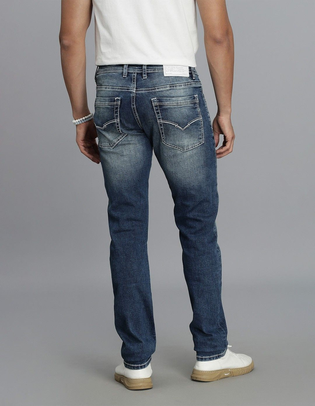 Med Blue 5 Pocket Mid-Rise Slim Straight Fit Jeans