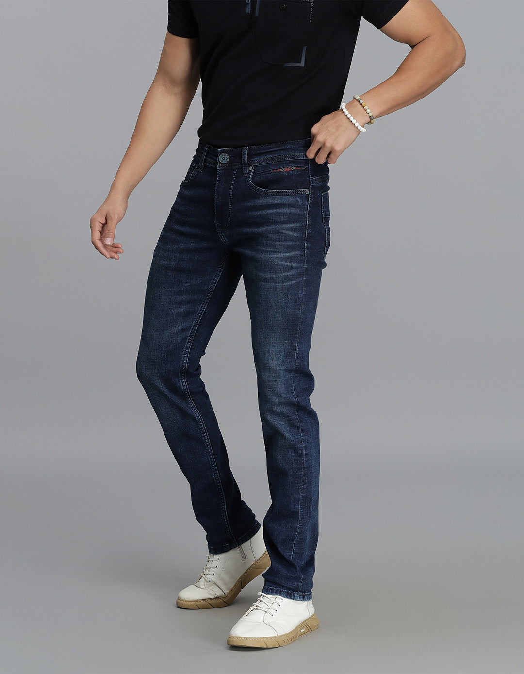 Dk Blue 5 Pocket Mid-Rise Slim Straight Fit Jeans