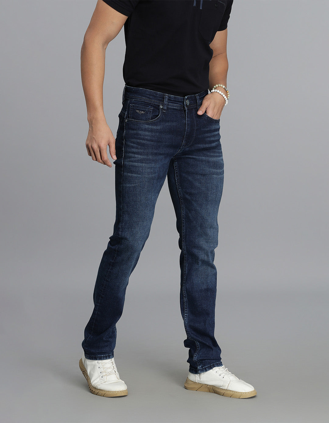 Dk Blue 5 Pocket Mid-Rise Slim Straight Fit Jeans