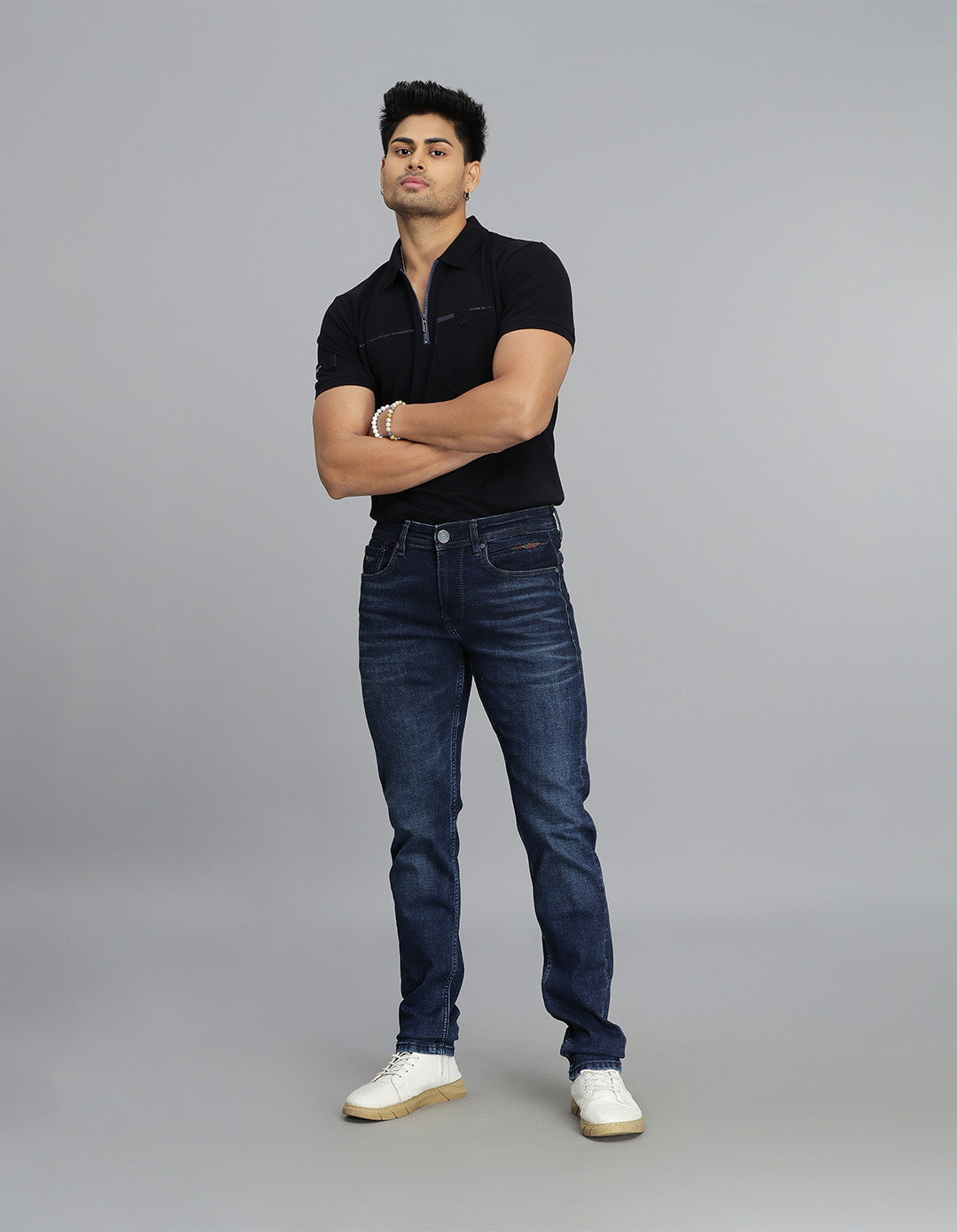 Dk Blue 5 Pocket Mid-Rise Slim Straight Fit Jeans
