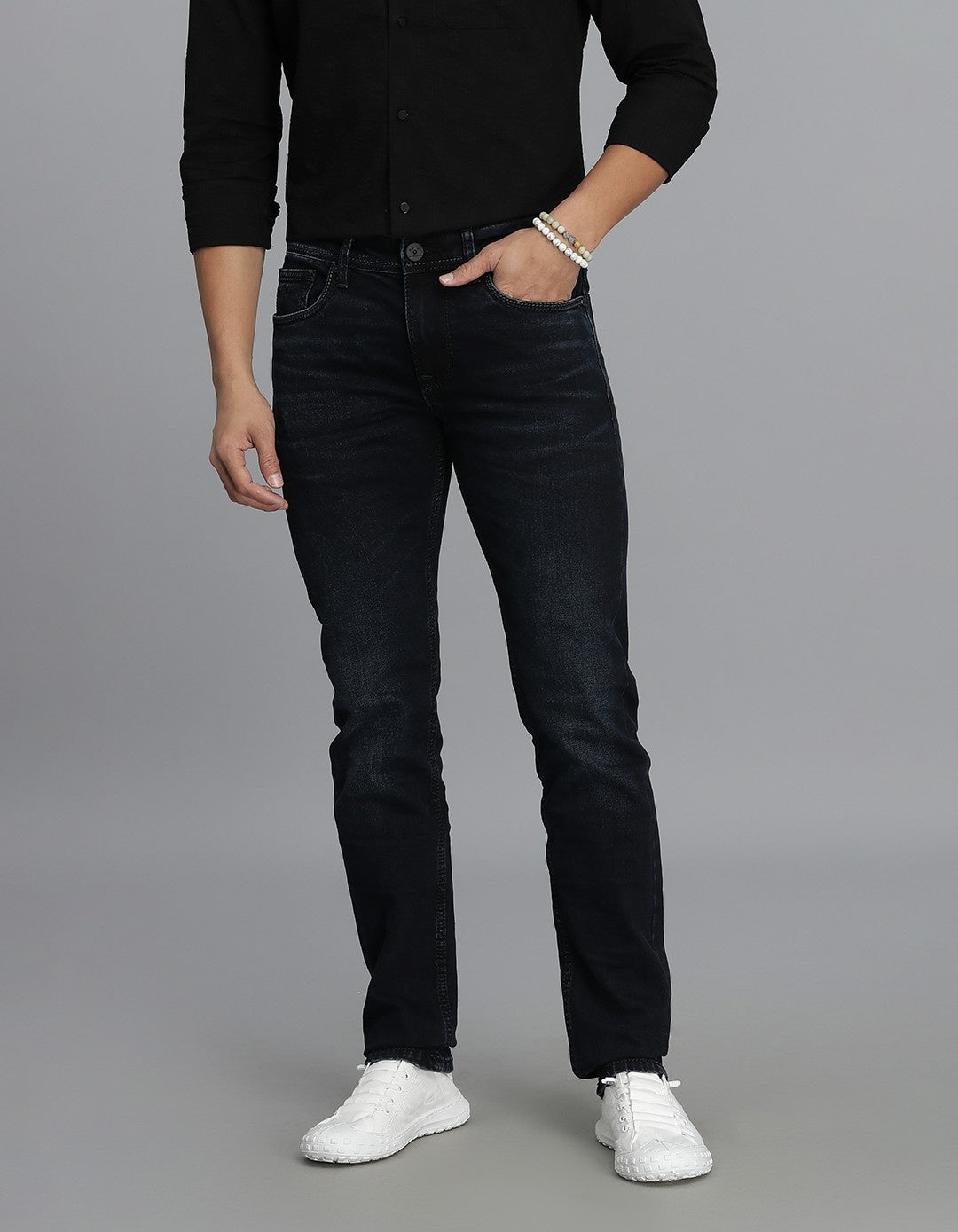 Dk Blue 5 Pocket Mid-Rise Slim Straight Fit Jeans