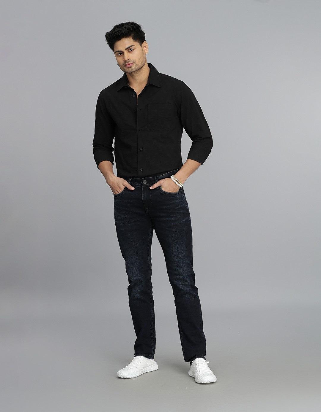 Dk Blue 5 Pocket Mid-Rise Slim Straight Fit Jeans