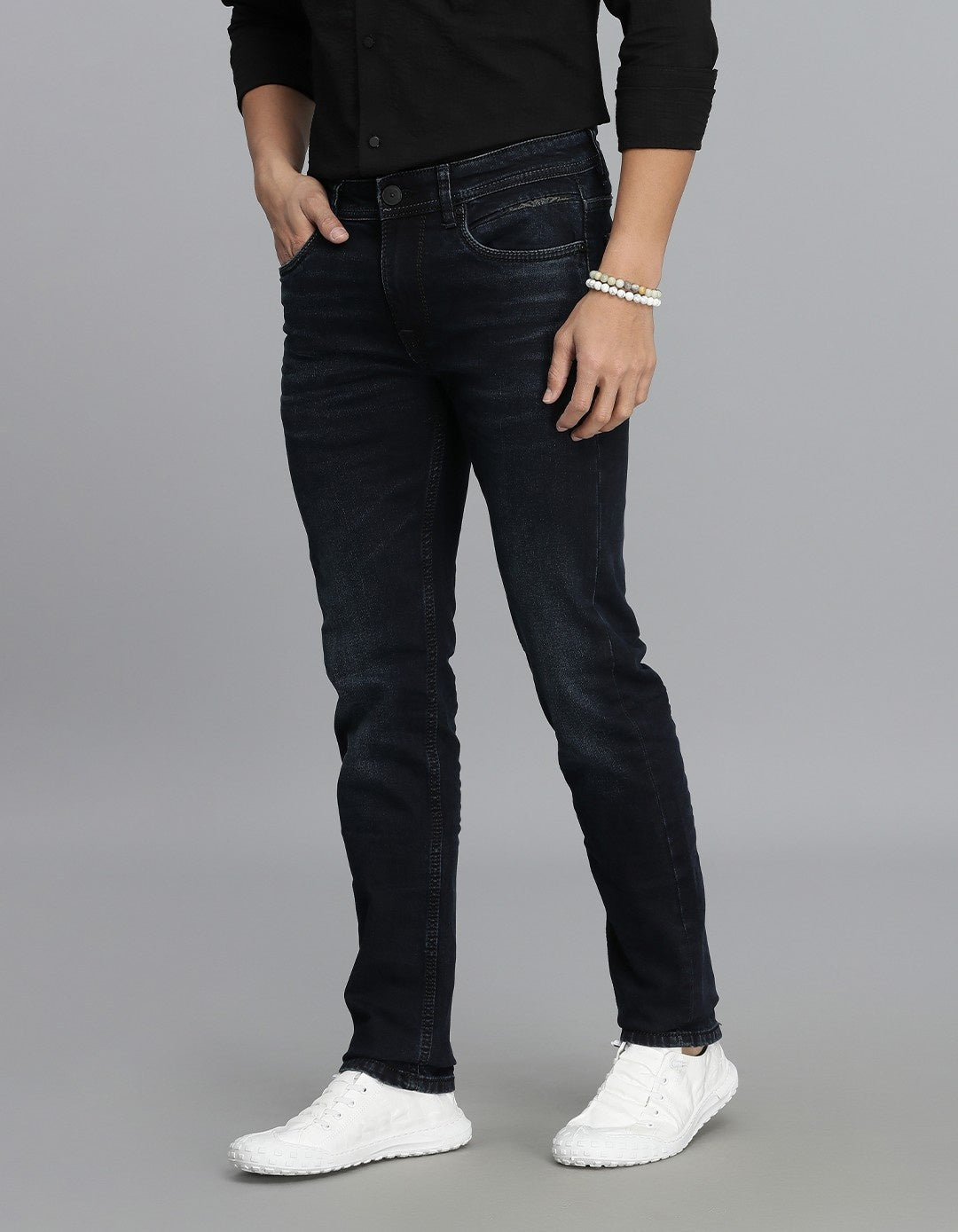 Dk Blue 5 Pocket Mid-Rise Slim Straight Fit Jeans