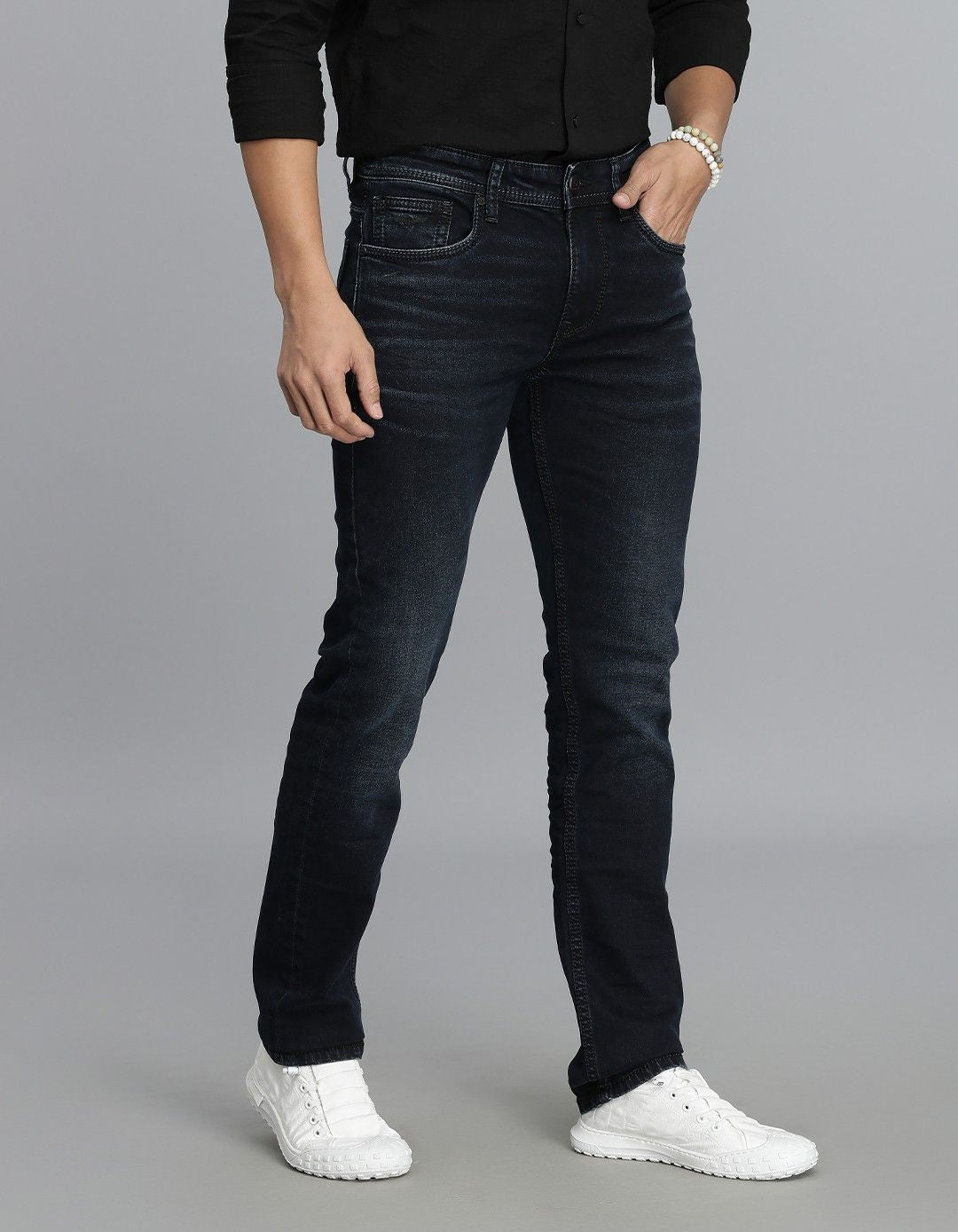 Dk Blue 5 Pocket Mid-Rise Slim Straight Fit Jeans