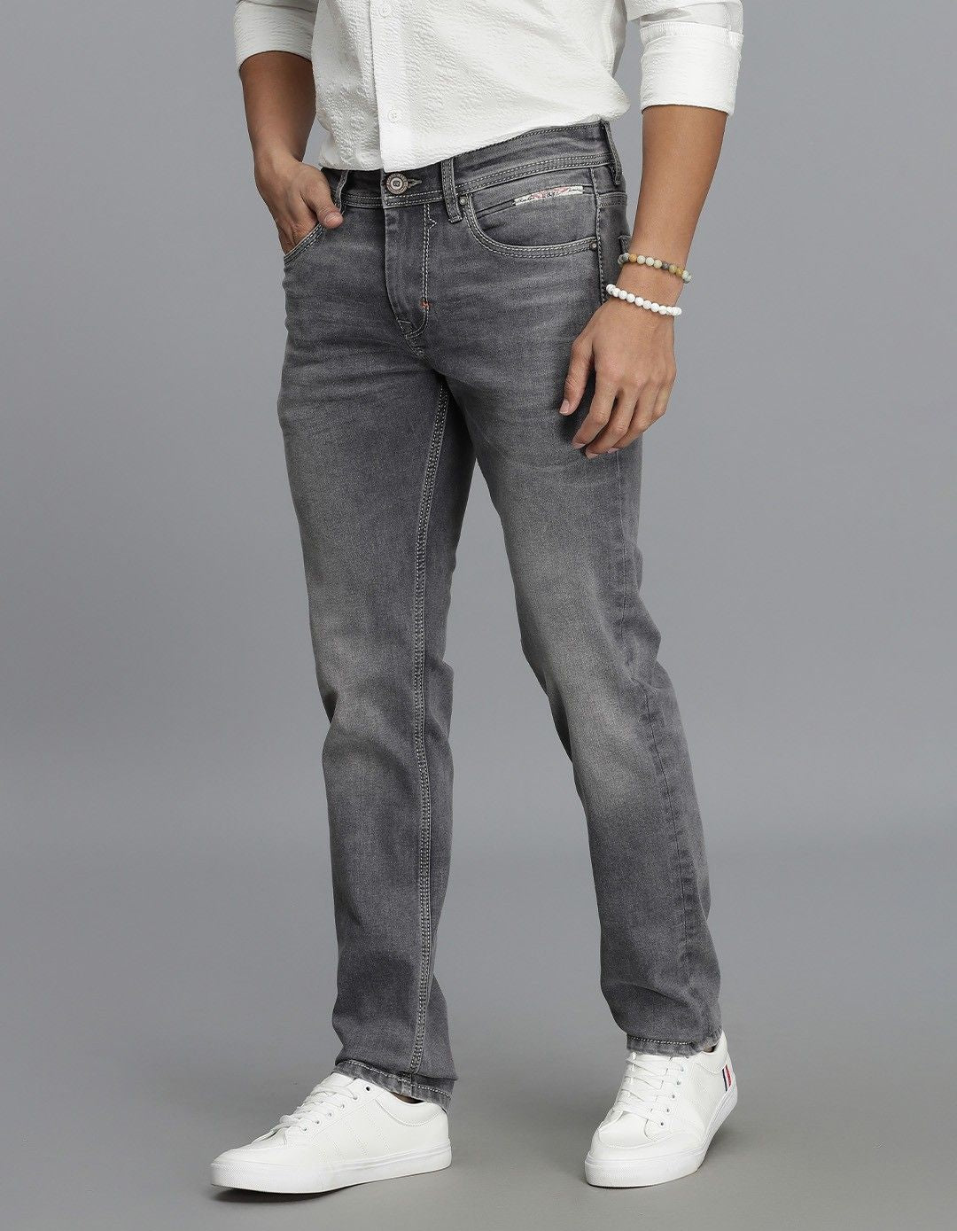 Grey 5 Pocket Mid-Rise Slim Straight Fit jeans