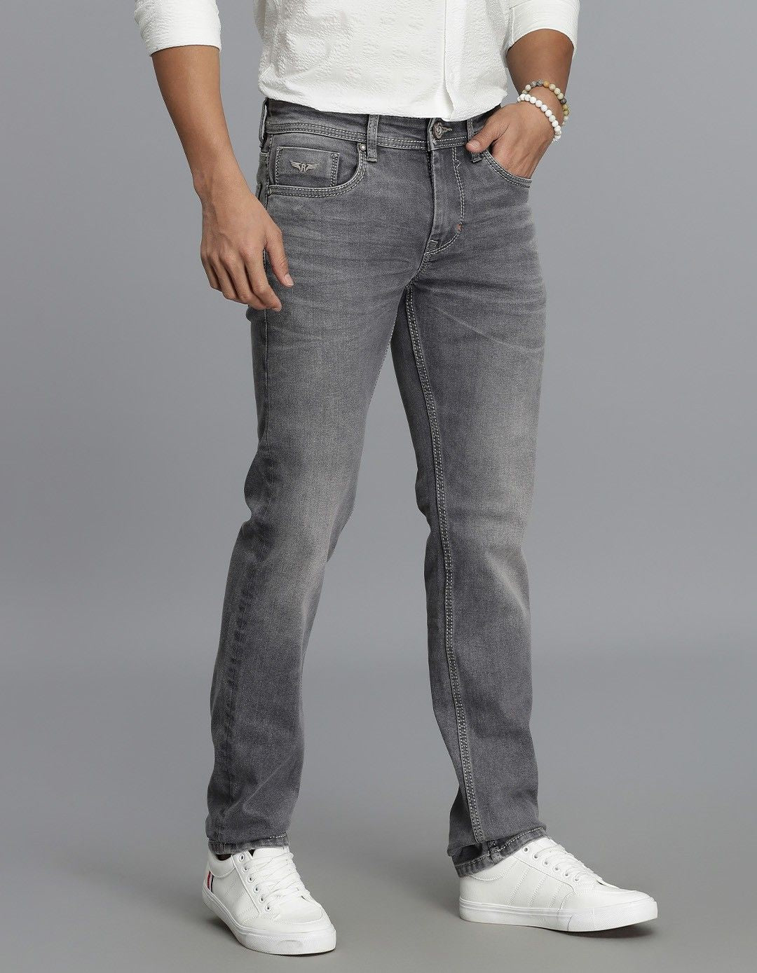 Grey 5 Pocket Mid-Rise Slim Straight Fit jeans