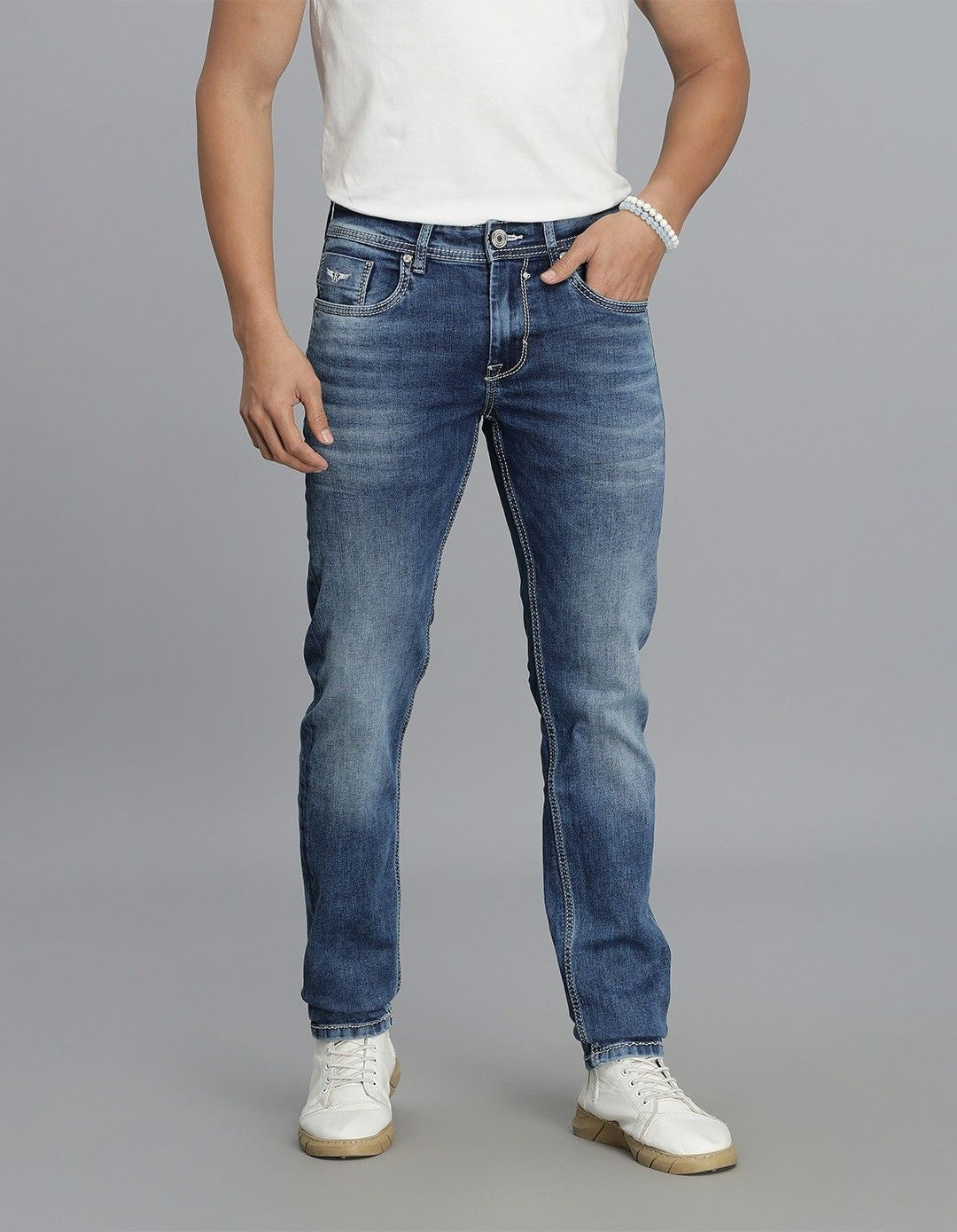 Med Blue 5 Pocket Mid-Rise Slim Straight Fit Jeans