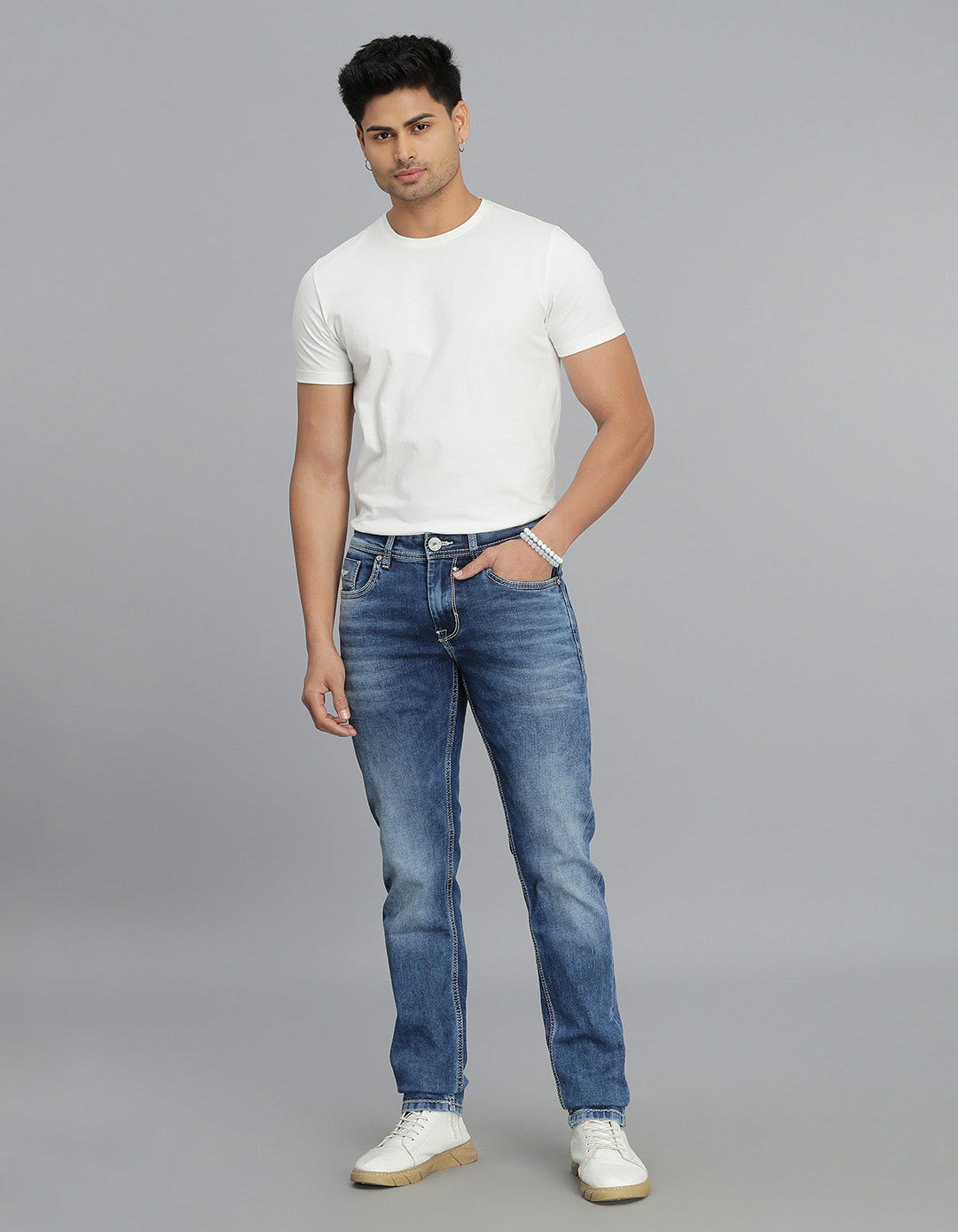 Med Blue 5 Pocket Mid-Rise Slim Straight Fit Jeans