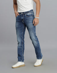 Med Blue 5 Pocket Mid-Rise Slim Straight Fit Jeans