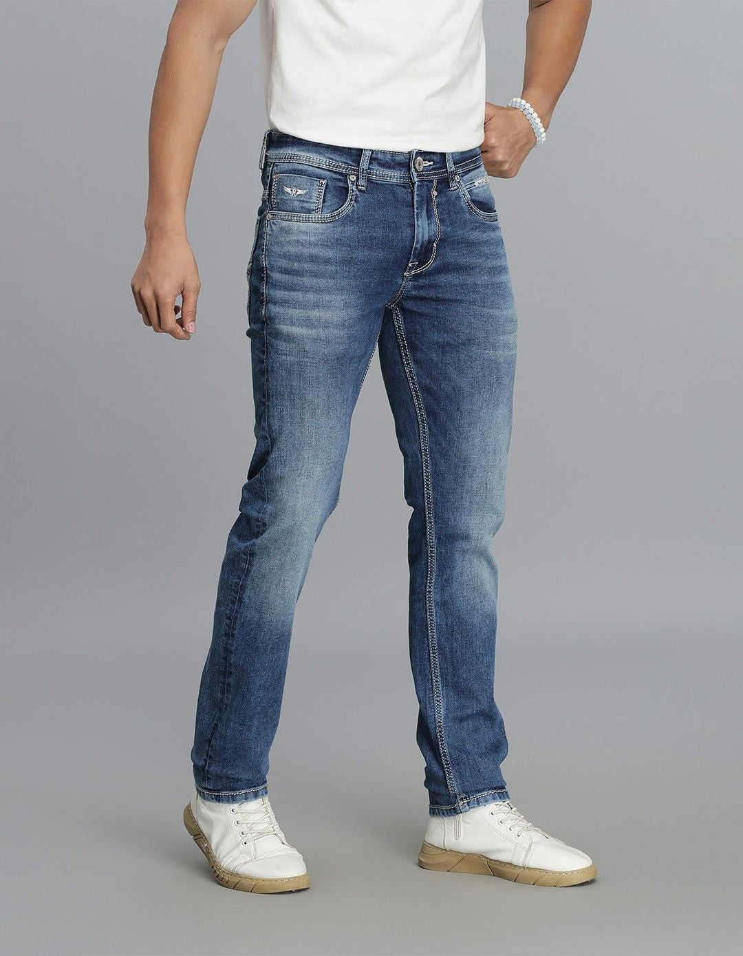 Med Blue 5 Pocket Mid-Rise Slim Straight Fit Jeans