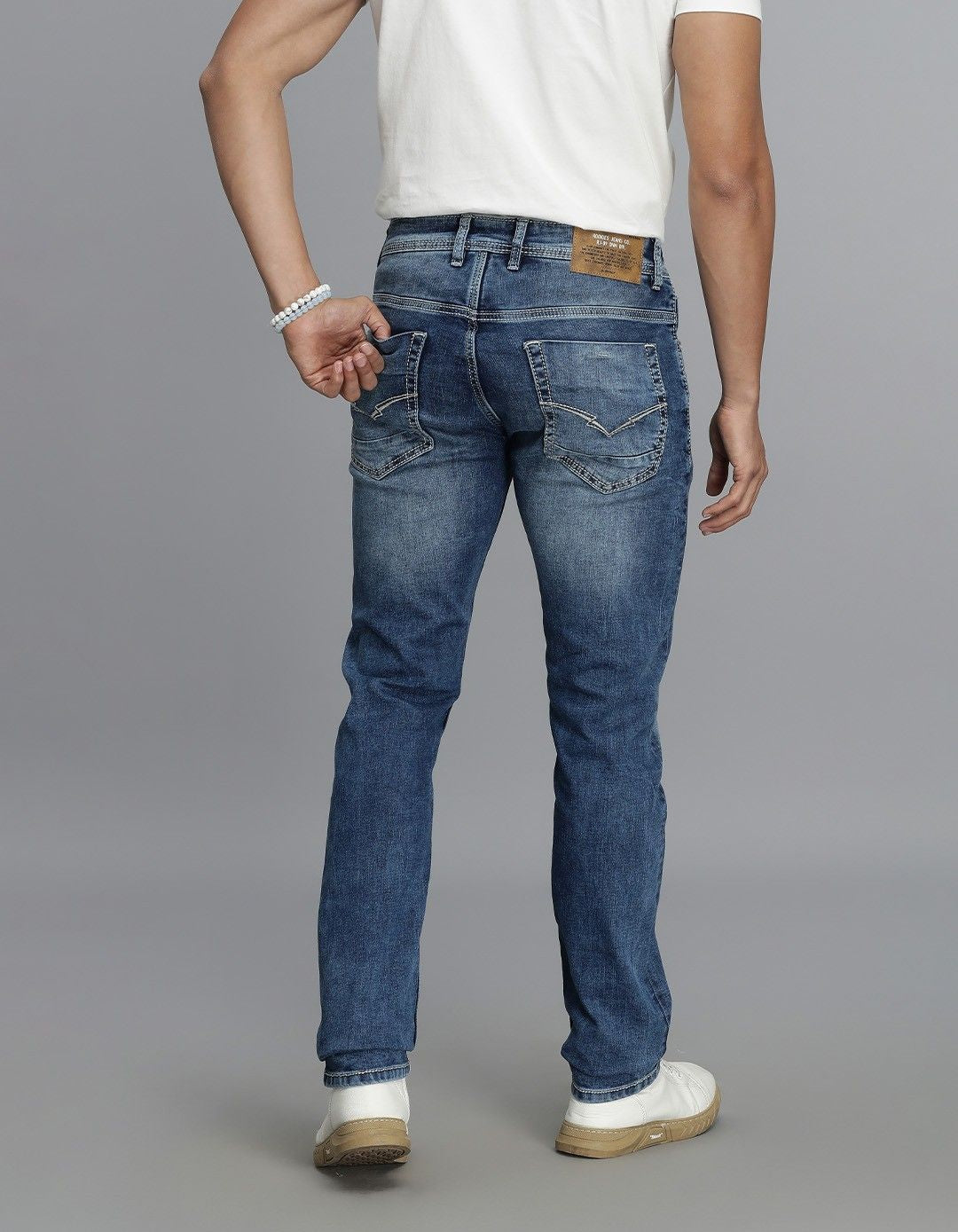 Med Blue 5 Pocket Mid-Rise Slim Straight Fit Jeans