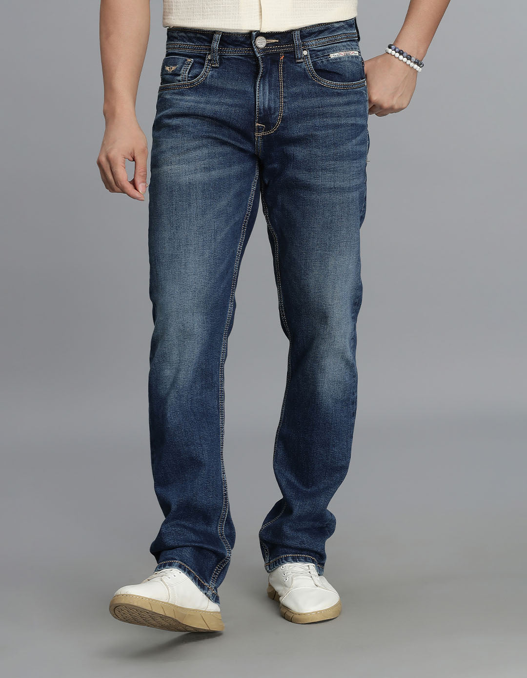 Med Blue 5 Pocket Mid-Rise Slim Straight Fit Jeans
