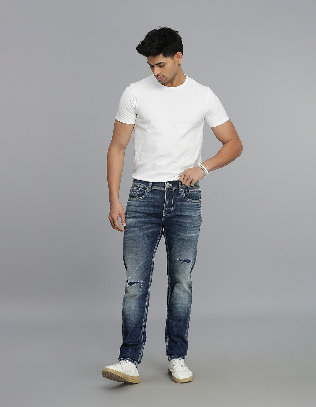 Med Blue 5 Pocket Mid-Rise Slim Straight Fit Jeans