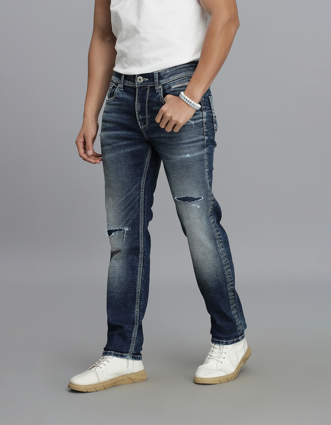 Med Blue 5 Pocket Mid-Rise Slim Straight Fit Jeans