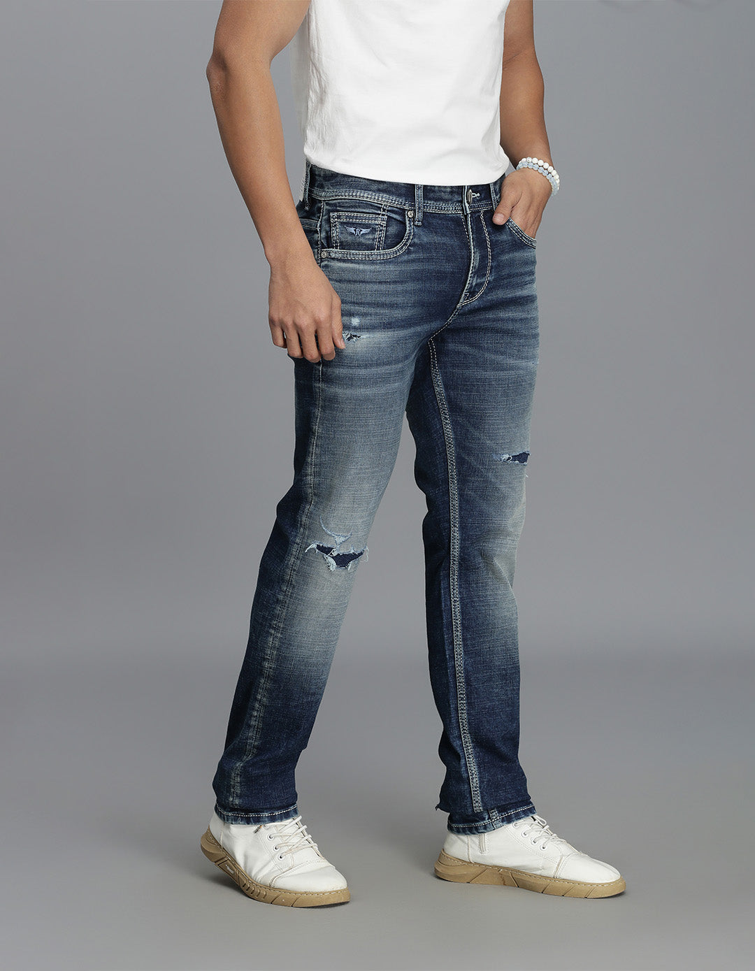 Med Blue 5 Pocket Mid-Rise Slim Straight Fit Jeans