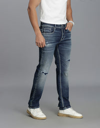 Med Blue 5 Pocket Mid-Rise Slim Straight Fit Jeans