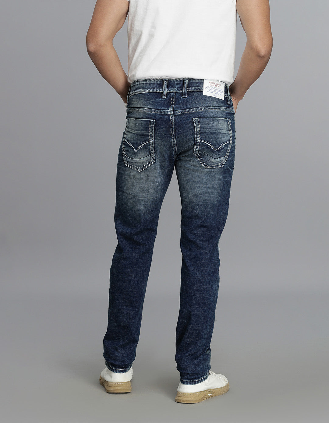 Med Blue 5 Pocket Mid-Rise Slim Straight Fit Jeans
