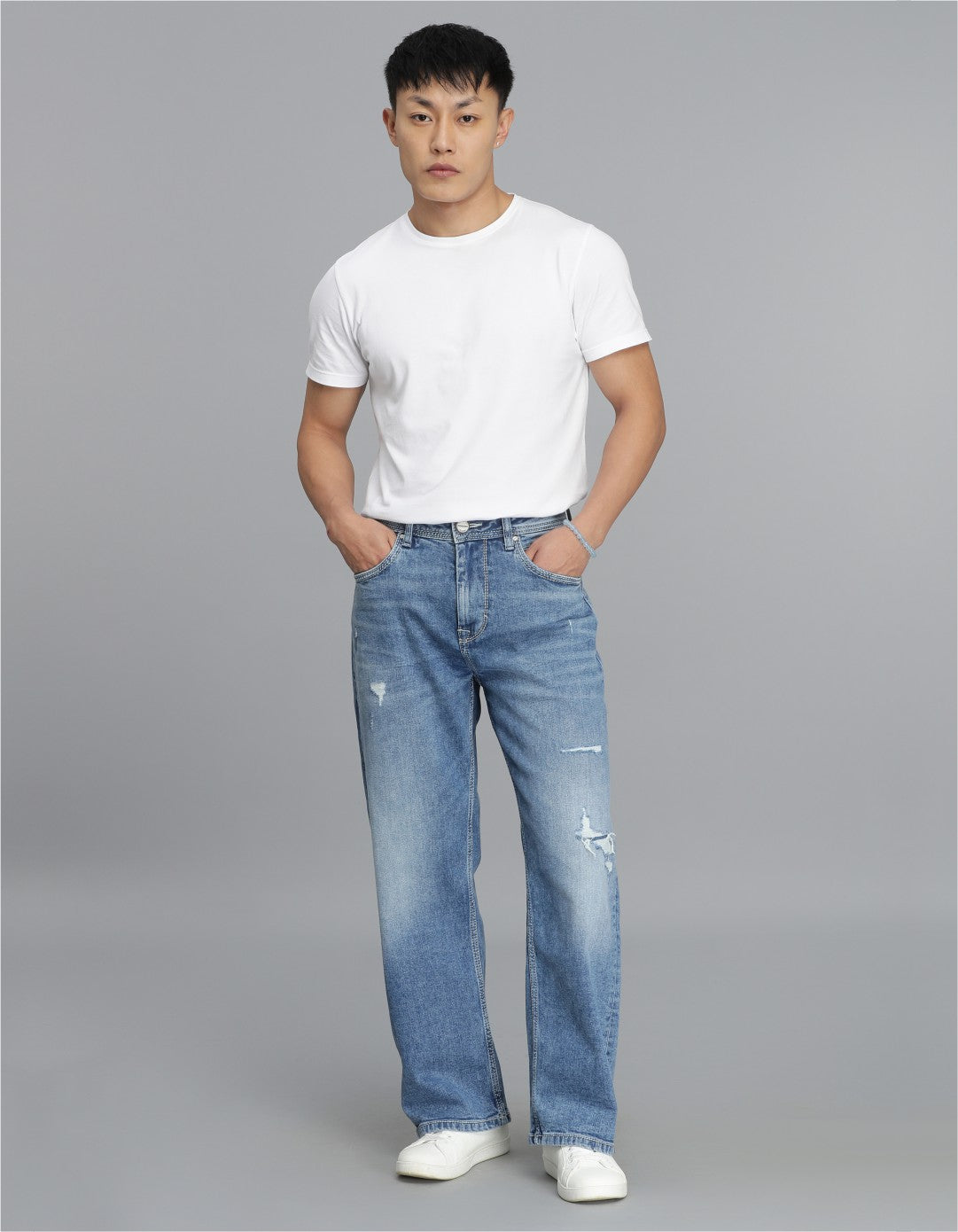 Med Blue 5 Pocket Midrise Loose Fit Cropped Jeans