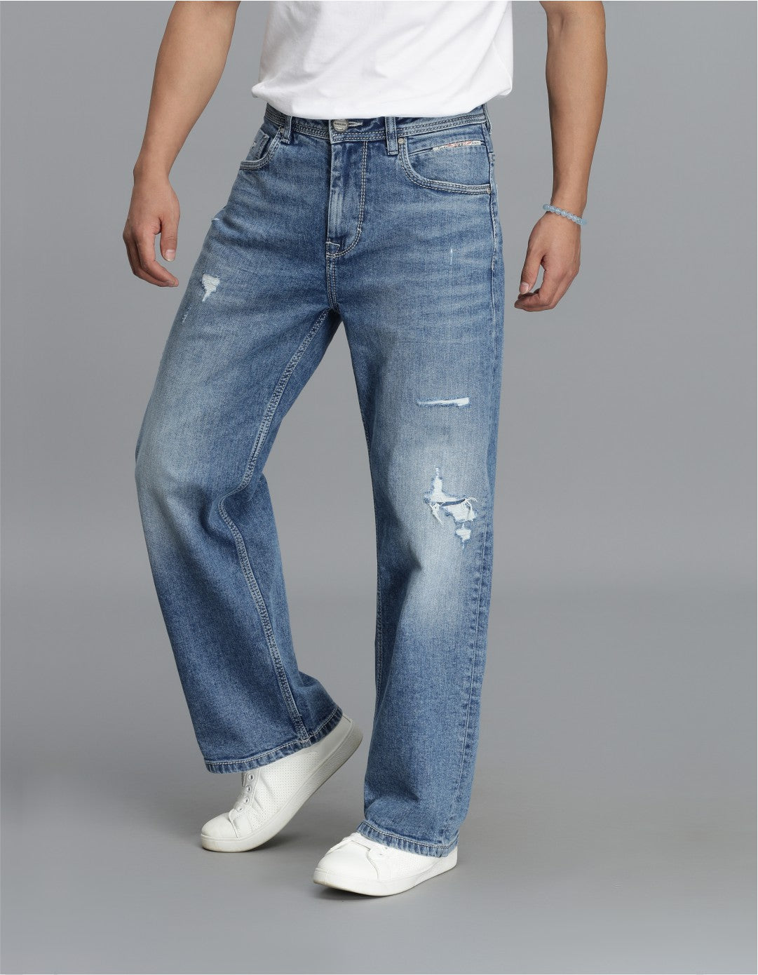 Med Blue 5 Pocket Midrise Loose Fit Cropped Jeans