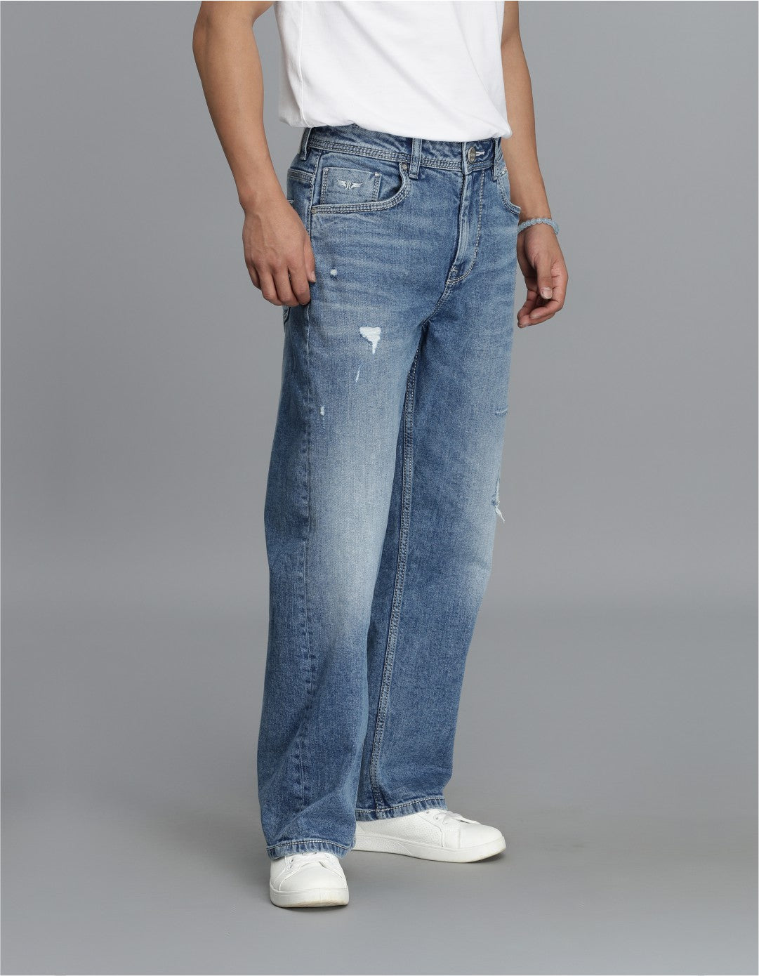 Med Blue 5 Pocket Midrise Loose Fit Cropped Jeans