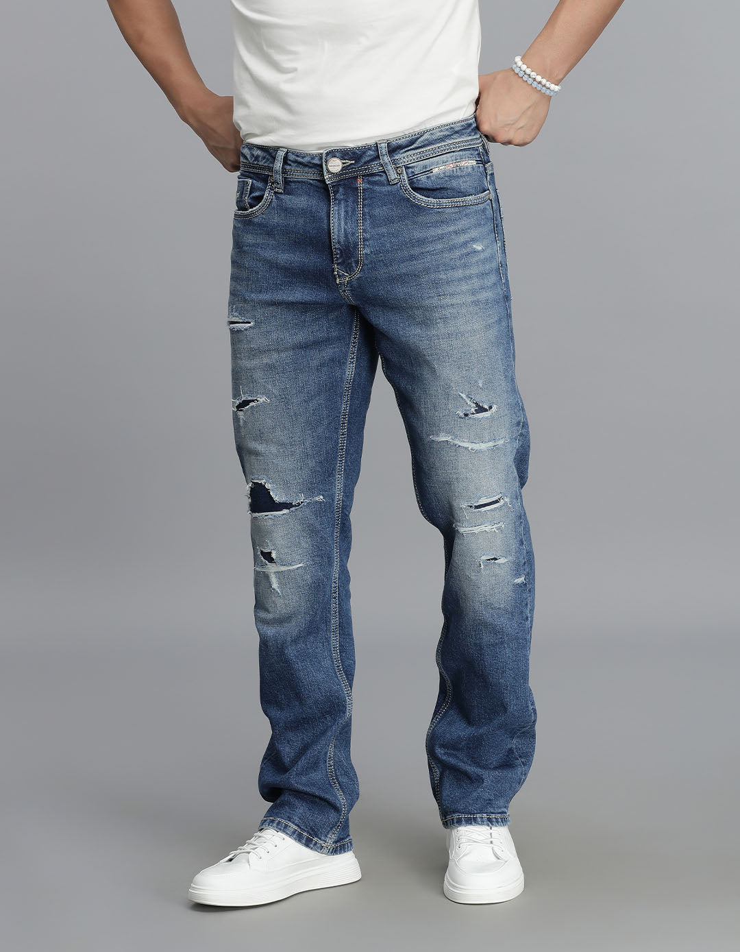 Med Blue 5 Pocket Midrise, Comfort And Straight Fit Jeans