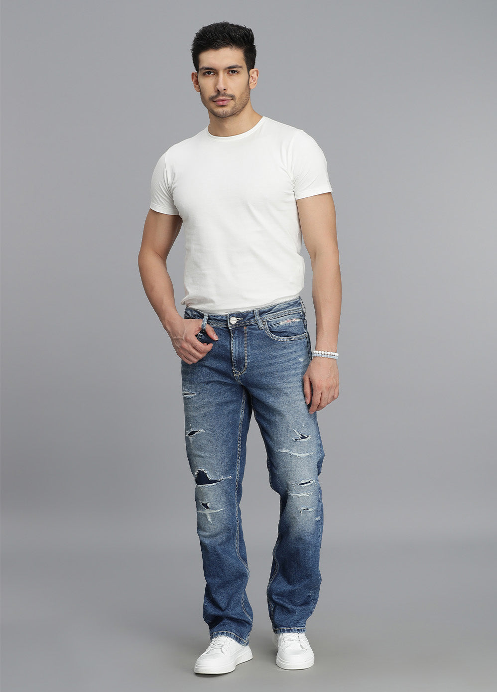 Med Blue 5 Pocket Midrise, Comfort And Straight Fit Jeans