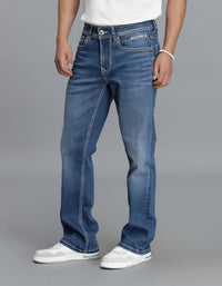 Med Blue 5 Pocket Mid Rise Loose Boot Leg Cropped Jeans