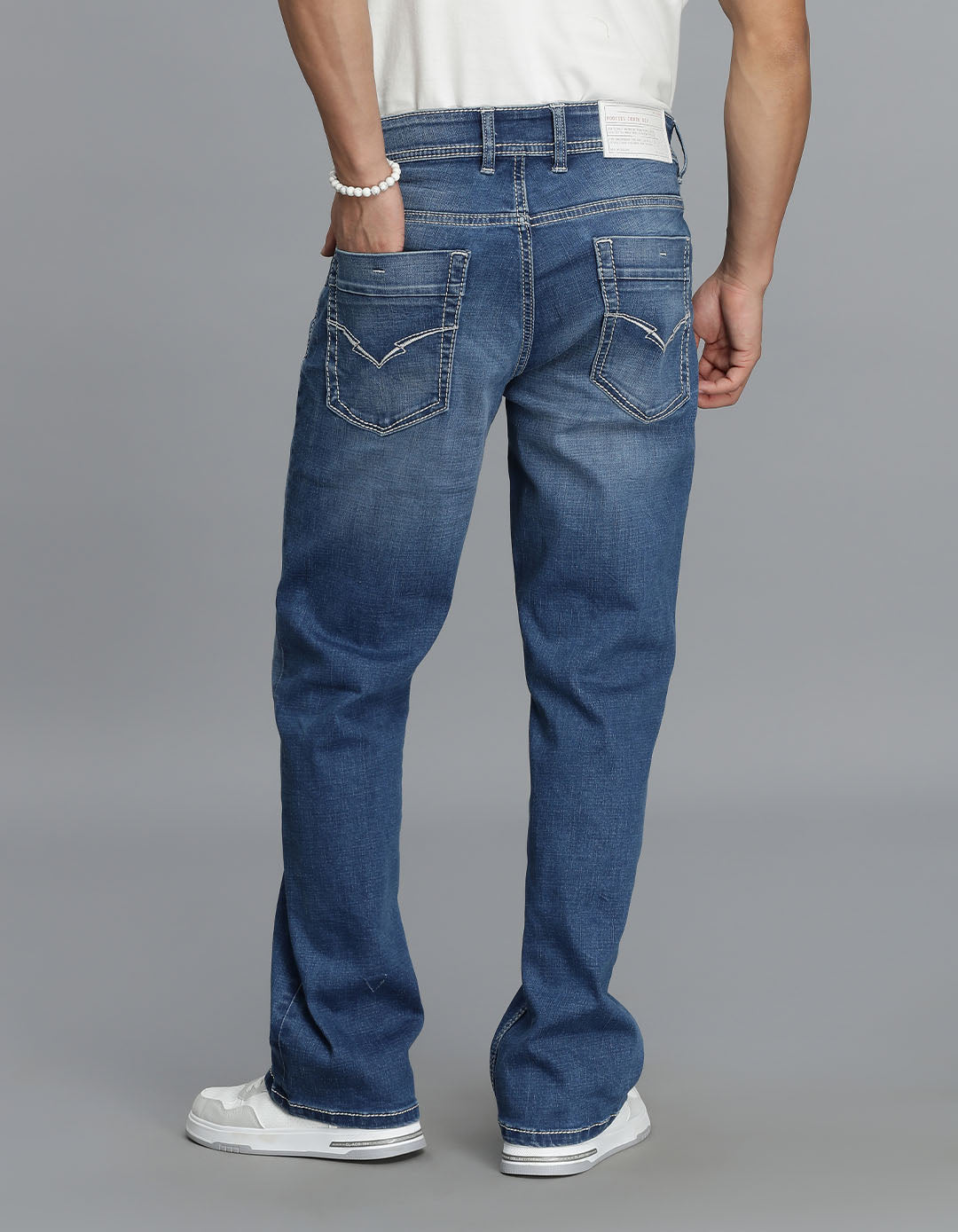 Med Blue 5 Pocket Mid Rise Loose Boot Leg Cropped Jeans