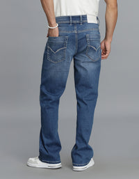Med Blue 5 Pocket Mid Rise Loose Boot Leg Cropped Jeans