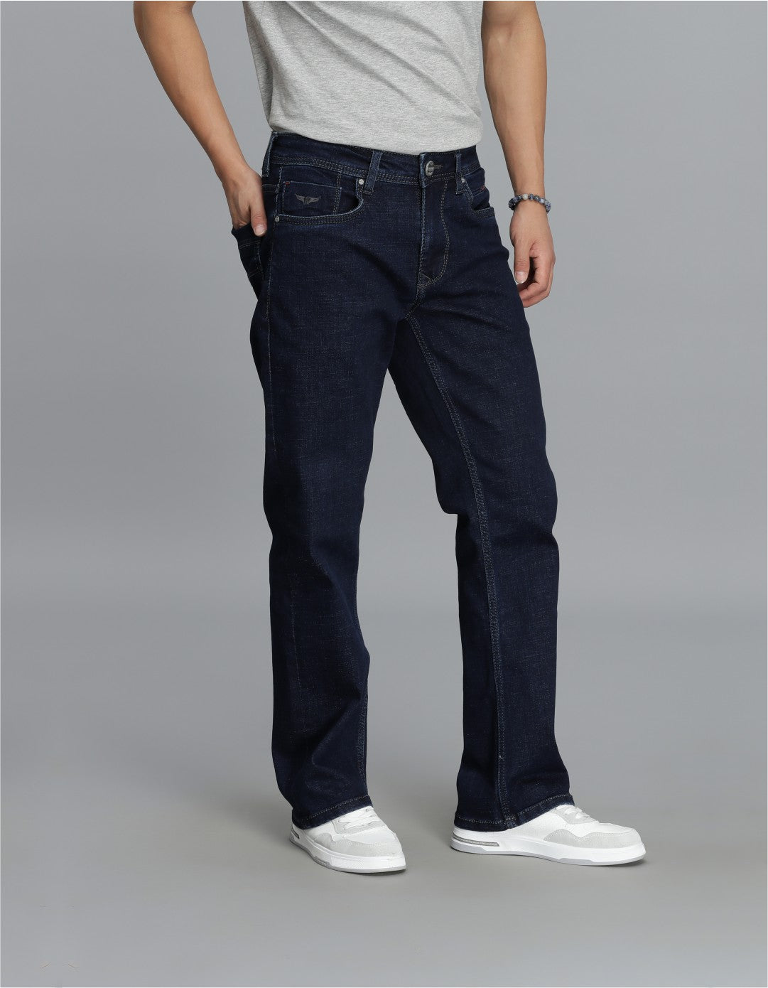 Dk Blue 5 Pocket Mid Rise Loose Boot Leg Cropped Jeans